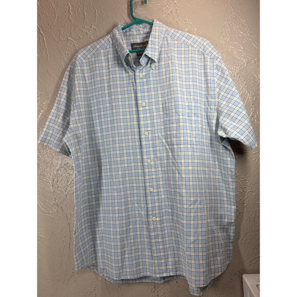 Eddie Bauer Shirt Mens Blue Check Button Up Hiking Casual Short Sleeve Sz Large - Picture 1 of 5